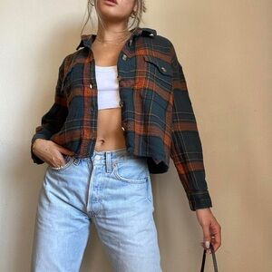 American Eagle Plaid Button-Up Jacket - Orange and Green Medium